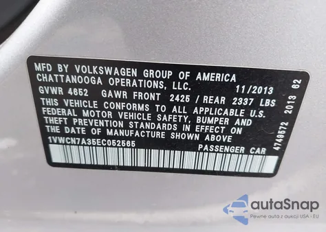 2014 Volkswagen Passat 2.0L Tdi Sel Premium из США, поврежденный, VIN 1VWCN7A35EC052565